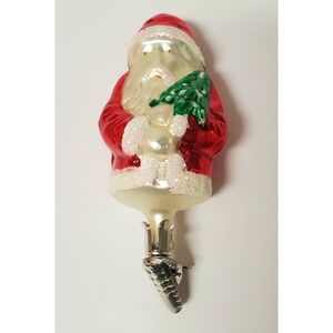 VTG Santa Christmas Ornament German Glass with Clip Red Coat Holding Green Tree